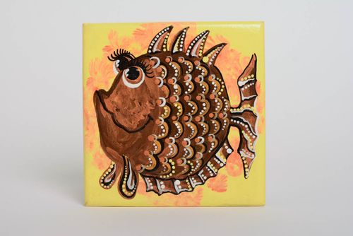Handmade small square picture painted with acrylics on plywood basis Fish - MADEheart.com