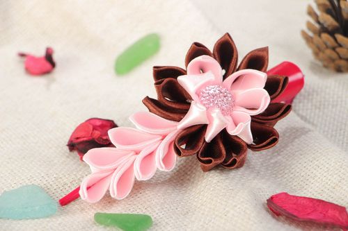 Handmade hair clip with satin ribbon kanzashi flower in pink and brown colors - MADEheart.com