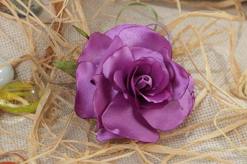 Handmade decorative hair clip with large volume satin rose flower of violet color - MADEheart.com