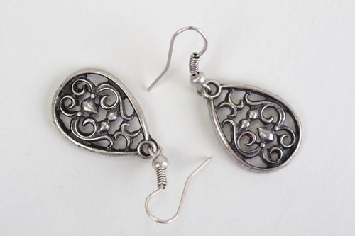 Beautiful handmade design metal lace earrings of silvery color - MADEheart.com