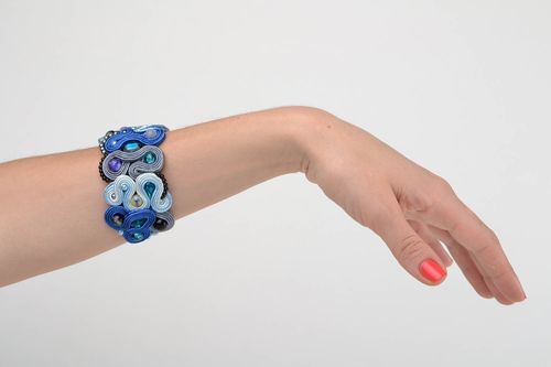 Bracelet large soutache avec oeil de chat naturel fait main bleu original - MADEheart.com