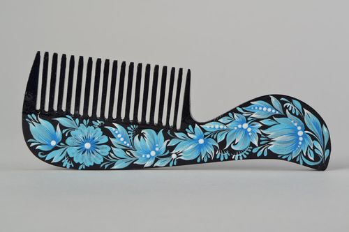 Handmade wooden hair comb with Petrikov painting black with flowers Vinca - MADEheart.com