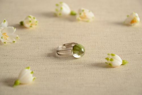 Tender small handmade ring with natural plant green leaf in epoxy resin  - MADEheart.com