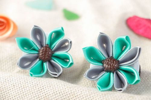 Set of 2 handmade hair ties with tender volume satin ribbon kanzashi flowers - MADEheart.com