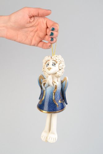 Handmade designer clay bell painted with glaze in the shape of angel - MADEheart.com