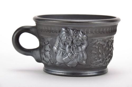 4 oz smoked clay black coffee cup with handle and Ukrainian cozak pattern - MADEheart.com