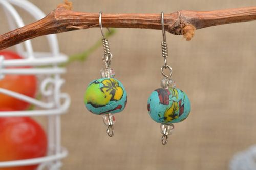 Handmade blue earrings with charms made of polymer clay in the form of balls - MADEheart.com