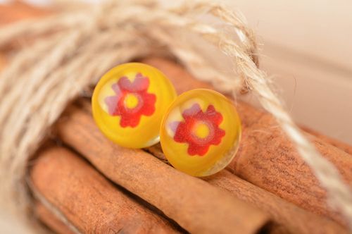 Handmade millefiory glass stud earrings yellow with red flowers small neat - MADEheart.com