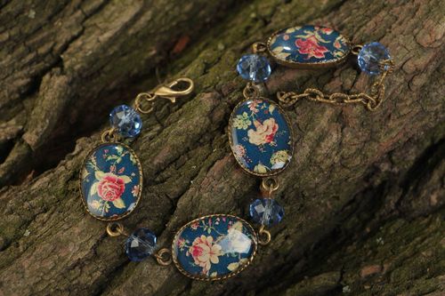 Beautiful stylish handmade glass glaze wrist bracelet of blue color with flowers - MADEheart.com
