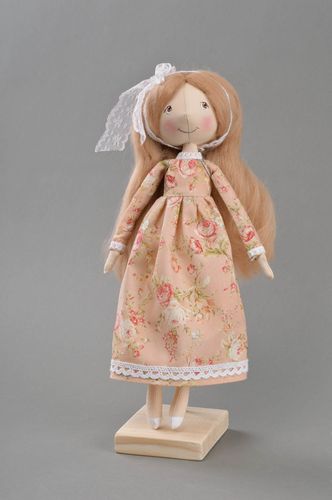 Handmade cute toy doll made of fabric in dress with flower print on stand - MADEheart.com