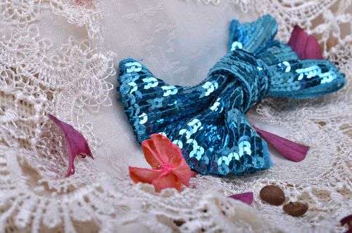 Magnificent handmade hair clip with sparkling blue bow decorated with spangles  - MADEheart.com