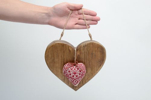 Wooden interior pendant with soft cross stitch embroidered heart - MADEheart.com