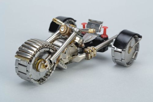 Handmade metal steampunk figurine of trike motorcycle with clock mechanisms - MADEheart.com