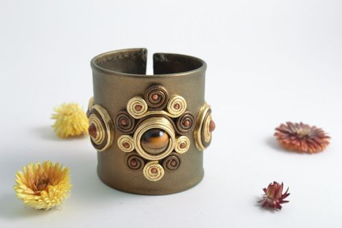 Bracelet large en cuir naturel marron avec oeil de tigre et aventurine fait main - MADEheart.com