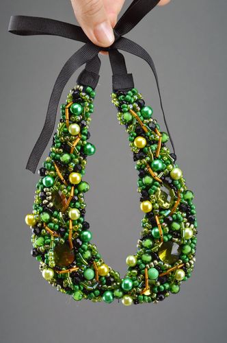 Saturated green handmade collar embroidered with beads and spangles with ribbons - MADEheart.com