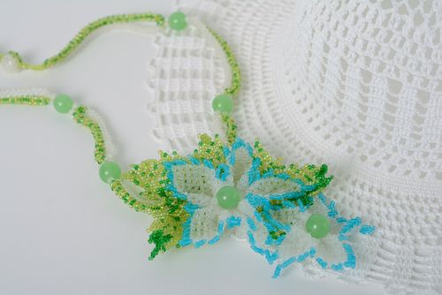 Tender beautiful long handmade beaded necklace in light color palette for women - MADEheart.com