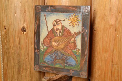 Ceramic tile painted with engobes with painting Cossack Mamay handmade panel - MADEheart.com