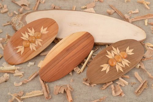 Handmade hair jewel clips set 3 pieces of different colors wooden oval - MADEheart.com