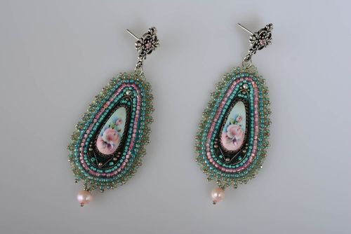Handmade vintage bead embroidered dangling earrings with natural stones - MADEheart.com