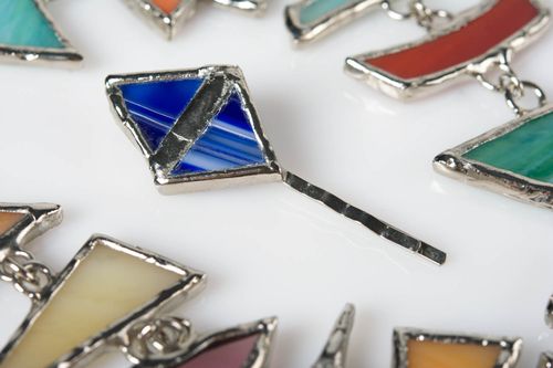 Handmade designer decorative metal hair pin with blue glass festive beautiful - MADEheart.com