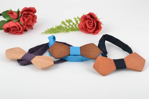 Set of 3 handmade designer wooden bow ties with fabric straps unisex - MADEheart.com