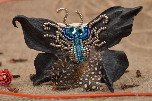 Handmade designer genuine leather black butterfly brooch embroidered with beads - MADEheart.com