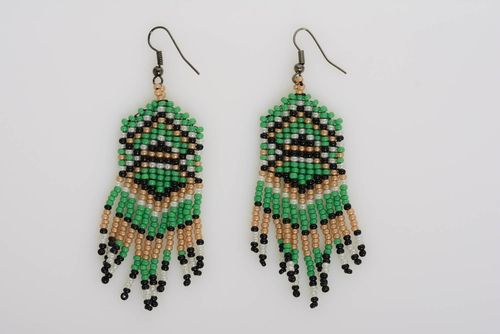 Beige green and black handmade designer beaded earrings with fringe - MADEheart.com
