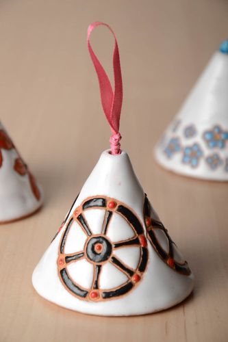 Handmade ceramic white decorative bell painted with enamel and glaze Wheels - MADEheart.com