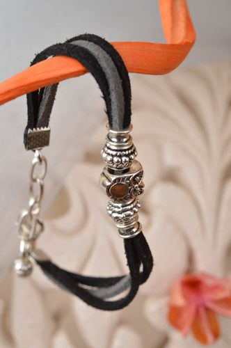 Black and grey bracelet made of chamois leather laces with metal inserts  - MADEheart.com