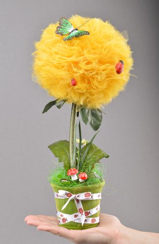 Handmade decorative yellow tulle topiary with ribbons and butterfly in pot - MADEheart.com