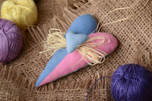 Pink and blue handmade chintz fabric soft interior pendant in the shape of heart - MADEheart.com