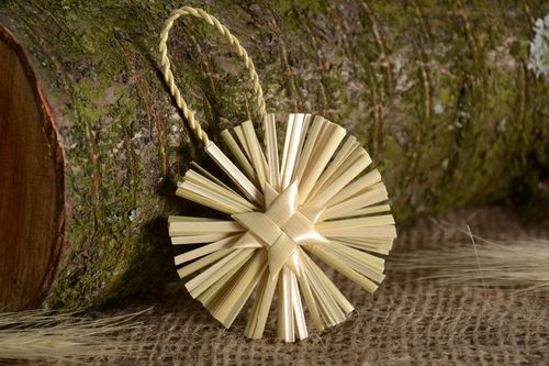 Handmade wall hanging small Christmas tree round decoration woven of straw - MADEheart.com