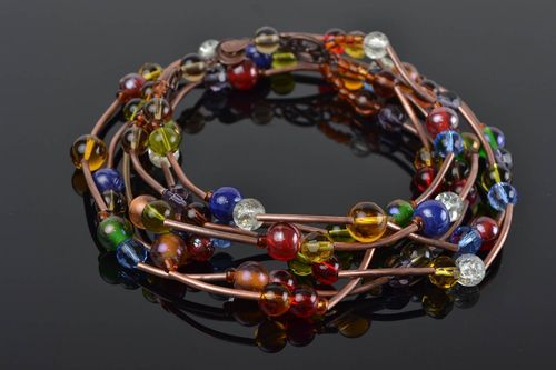 Handmade long multi row colorful designer beaded necklace with metal elements - MADEheart.com