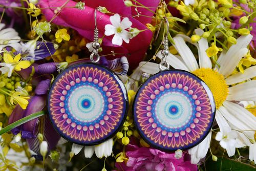 Motley handmade designer decoupage polymer clay earrings round for women - MADEheart.com