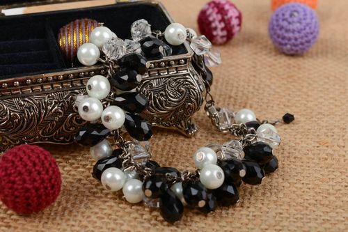 Handmade beautiful festive black and white wrist bracelet made of crystal beads  - MADEheart.com