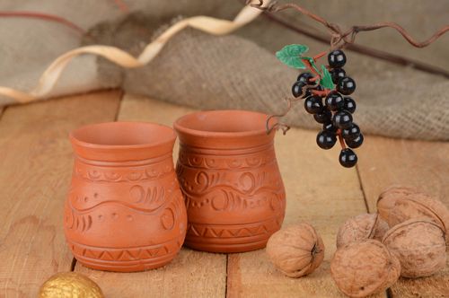 Handmade designer unusual set of glasses made of clay 2 pieces 100 ml each  - MADEheart.com