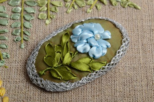 Handmade textile brooch with blue flowers embroidery using satin ribbons - MADEheart.com