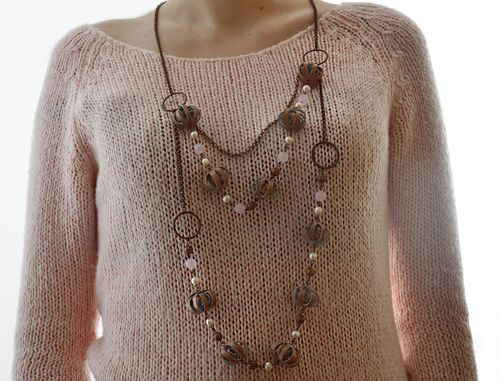 Handmade long leather necklace with metal elements and natural stones - MADEheart.com