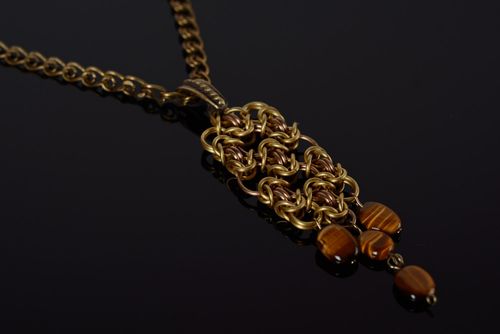 Handmade chainmaille woven metal pendant on chain with tigers eye stone - MADEheart.com