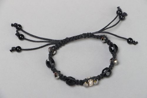Handmade wrist bracelet woven of waxed cord with glass beads in dark color palette - MADEheart.com
