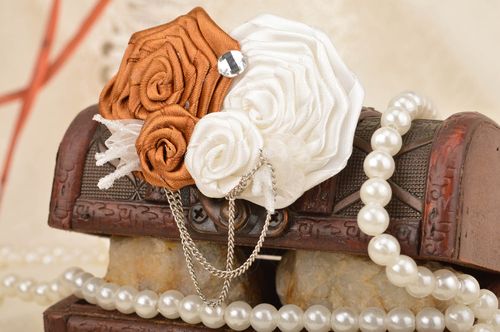 Large satin brooch in the form of flowers handmade unusual kanzashi accessory - MADEheart.com