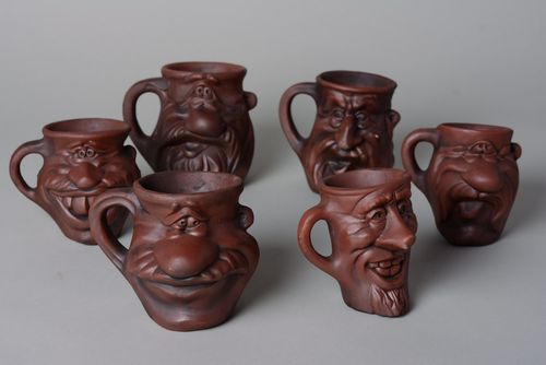 Set of 6 (six) ceramic handmade drinking cups in the shape of different funny faces  - MADEheart.com