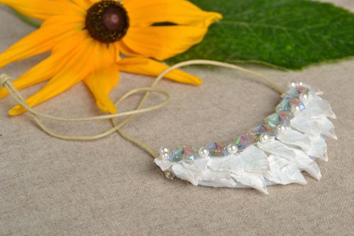 Handmade white beaded necklace made of polymer clay heart shaped accessory - MADEheart.com