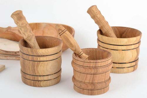 Набор 3 ступки для специй с пестиками из древесины бука эко посуда ручной работы - MADEheart.com