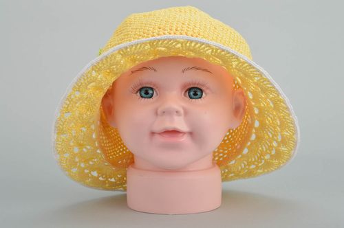 Chapeau au crochet pour enfant été coton fait main jaune avec fleurs ajouré - MADEheart.com