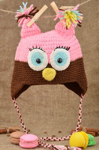 Bonnet tricot fait main Chapeau au crochet Hibou coton laine Vêtement enfant - MADEheart.com