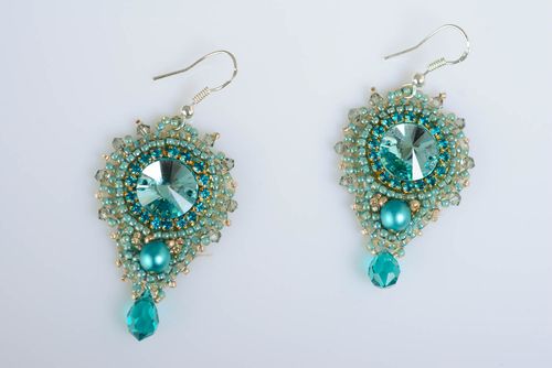 Handmade designer festive blue bead embroidered earrings with rhinestones - MADEheart.com