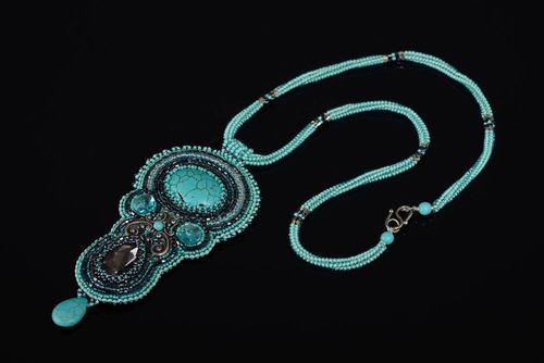 Handmade blue designer bead embroidered necklace with howlite and rhinestones - MADEheart.com
