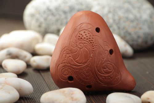 Small homemade patterned clay ocarina of unusual shape ceramic penny whistle - MADEheart.com