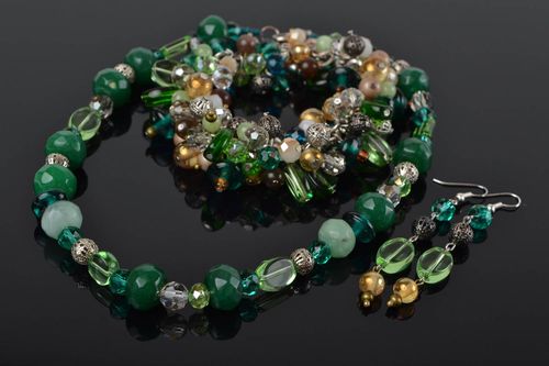 Parure de bijoux en pierres naturelles perles de verre faits main verts 3 pièces - MADEheart.com